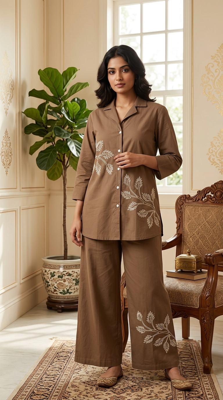 Women Brown Embroidered Cotton Coord Set
