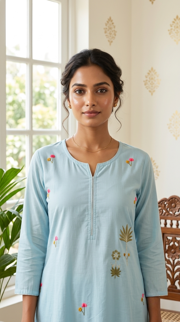 Women Powder Blue Botanical Embroidered Cotton Kurta Pant Dupatta Set