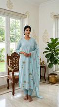 Women Powder Blue Botanical Embroidered Cotton Kurta Pant Dupatta Set