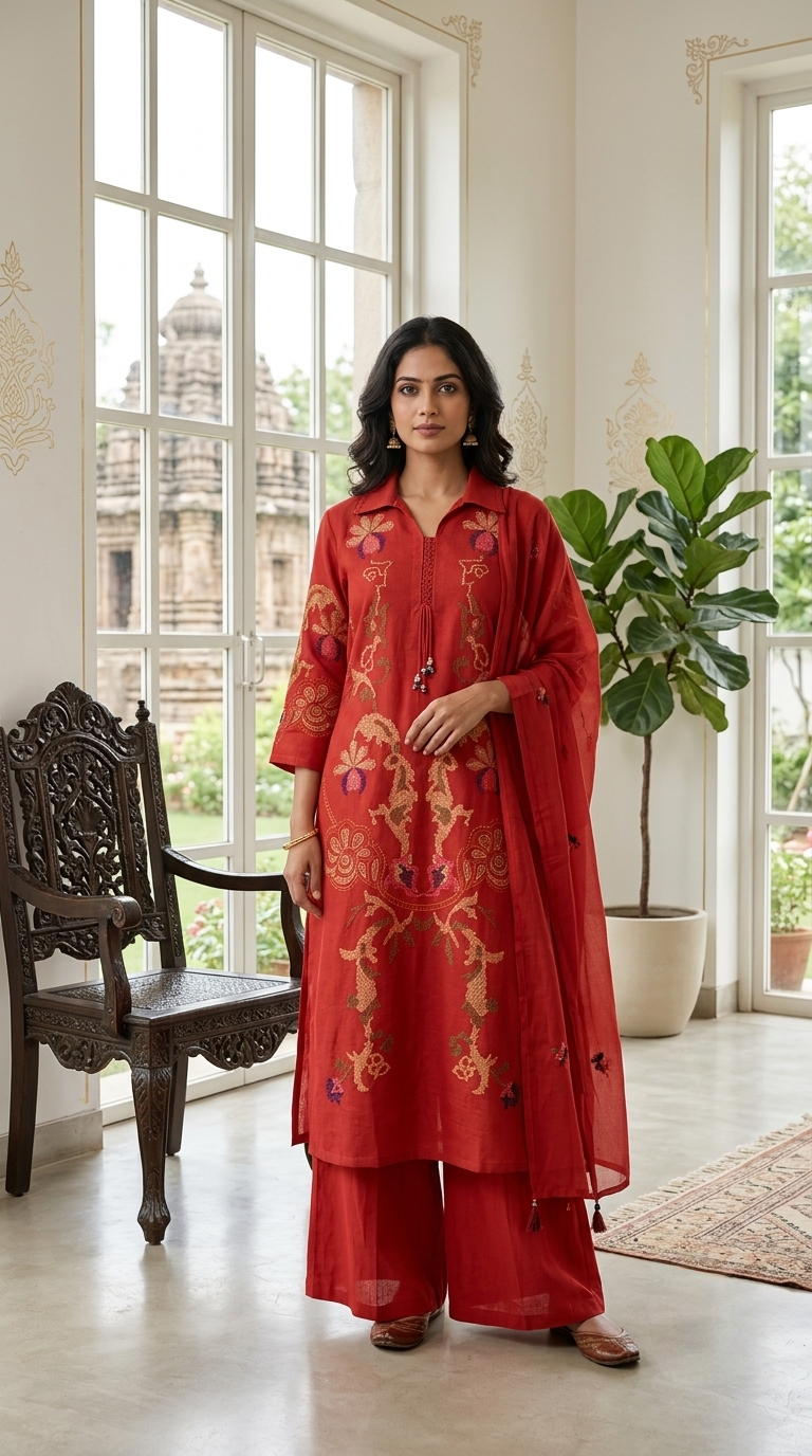 Women Rust Mughal Floral Embroidered Cotton Kurta Palazzo Dupatta Set