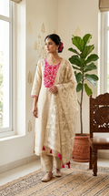 Women Beige Floral Embroidered Cotton Linen Kurta Pant Dupatta Set