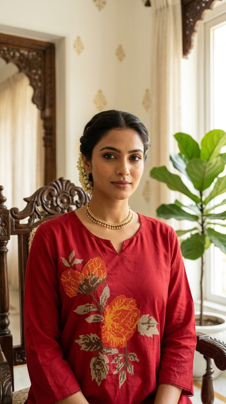 Women Red Floral Thread Embroidered Cotton Kurta Pant Dupatta Set