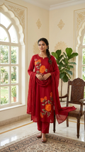 Women Red Floral Thread Embroidered Cotton Kurta Pant Dupatta Set