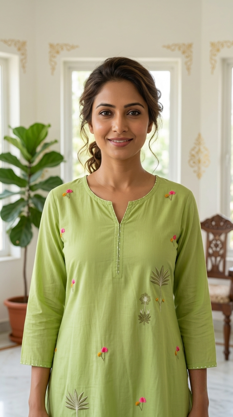 Women Pista Green Botanical Embroidered Cotton Kurta Pant Dupatta Set