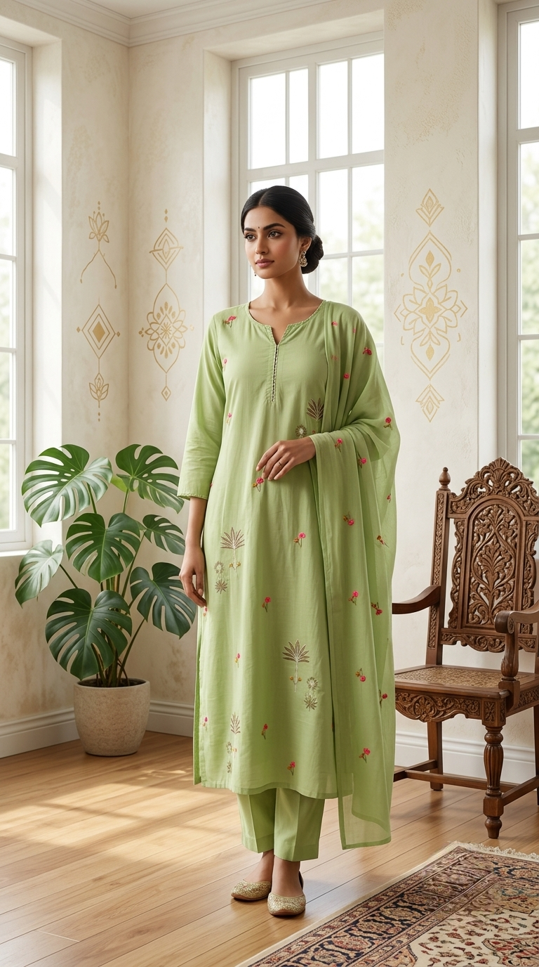 Women Pista Green Botanical Embroidered Cotton Kurta Pant Dupatta Set