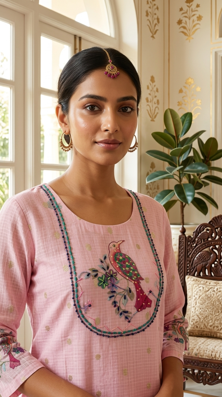 Women Blush Pink Peacock Kantha Stitch Embroidered Kota Cotton Kurta Pant Dupatta Set