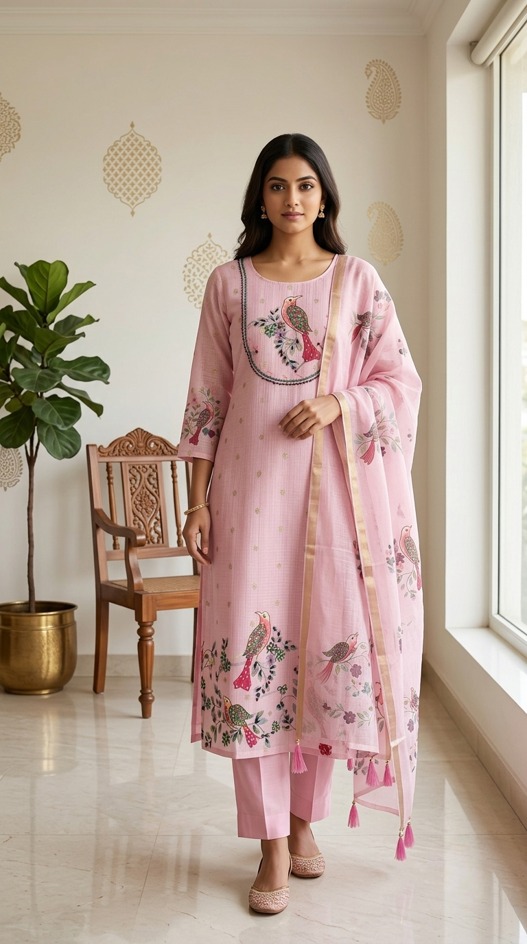Women Blush Pink Peacock Kantha Stitch Embroidered Kota Cotton Kurta Pant Dupatta Set