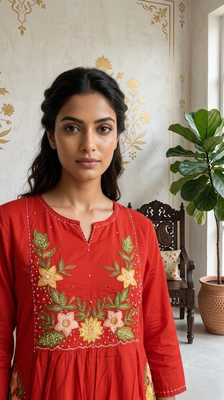 Women Rust Floral Embroidered Cotton Kurta Pant Dupatta Set