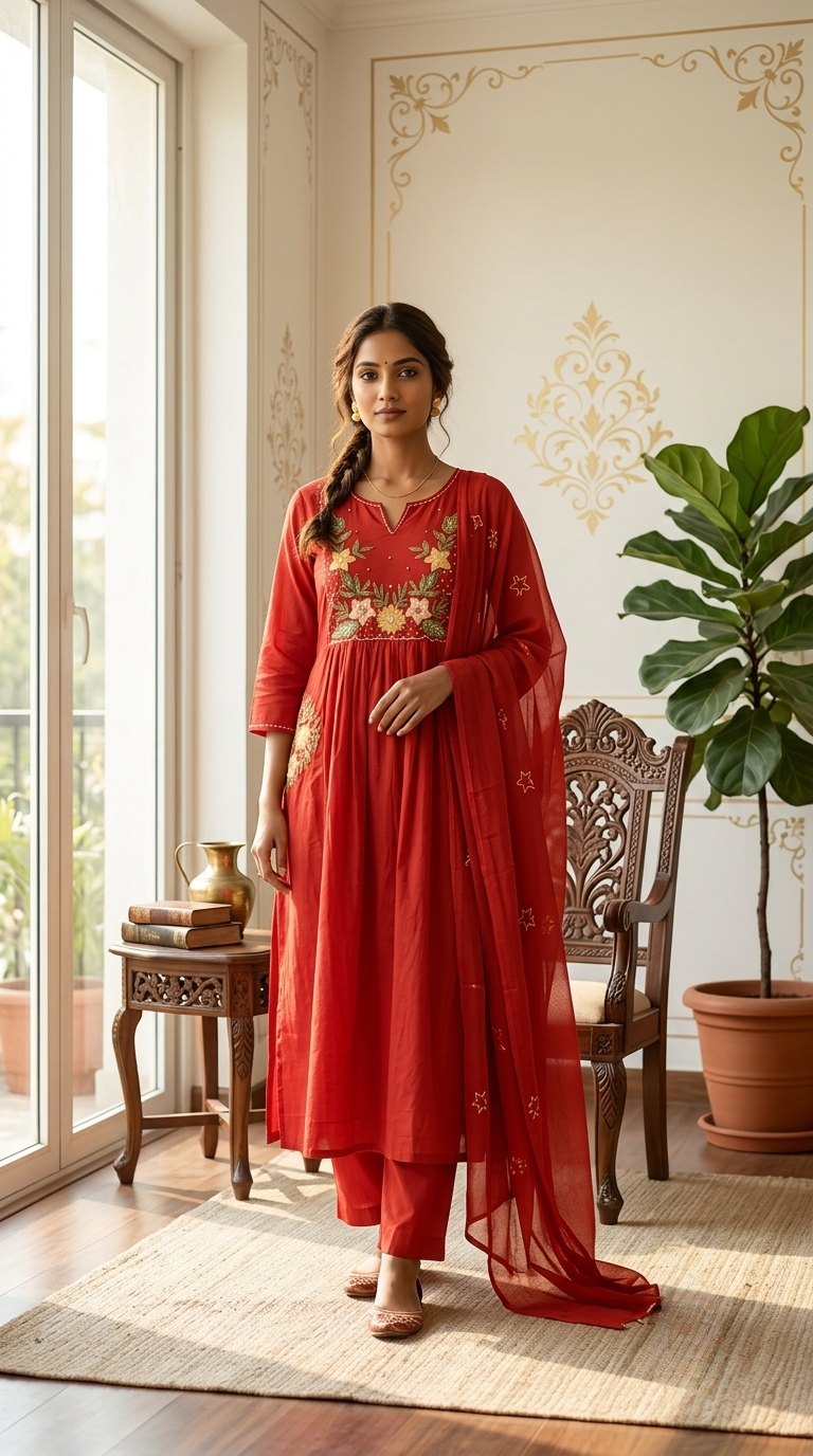 Women Rust Floral Embroidered Cotton Kurta Pant Dupatta Set