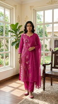 Women Pink Floral Embroidered Cotton Kurta Pant Dupatta Set