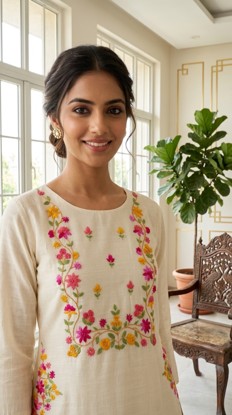 Women Off white Multicolour Floral Thread Embroidered Cotton Kurta Pant Dupatta Set