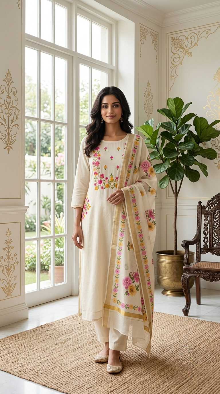Women Off white Multicolour Floral Thread Embroidered Cotton Kurta Pant Dupatta Set