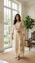 Women Off white Multicolour Floral Thread Embroidered Cotton Kurta Pant Dupatta Set
