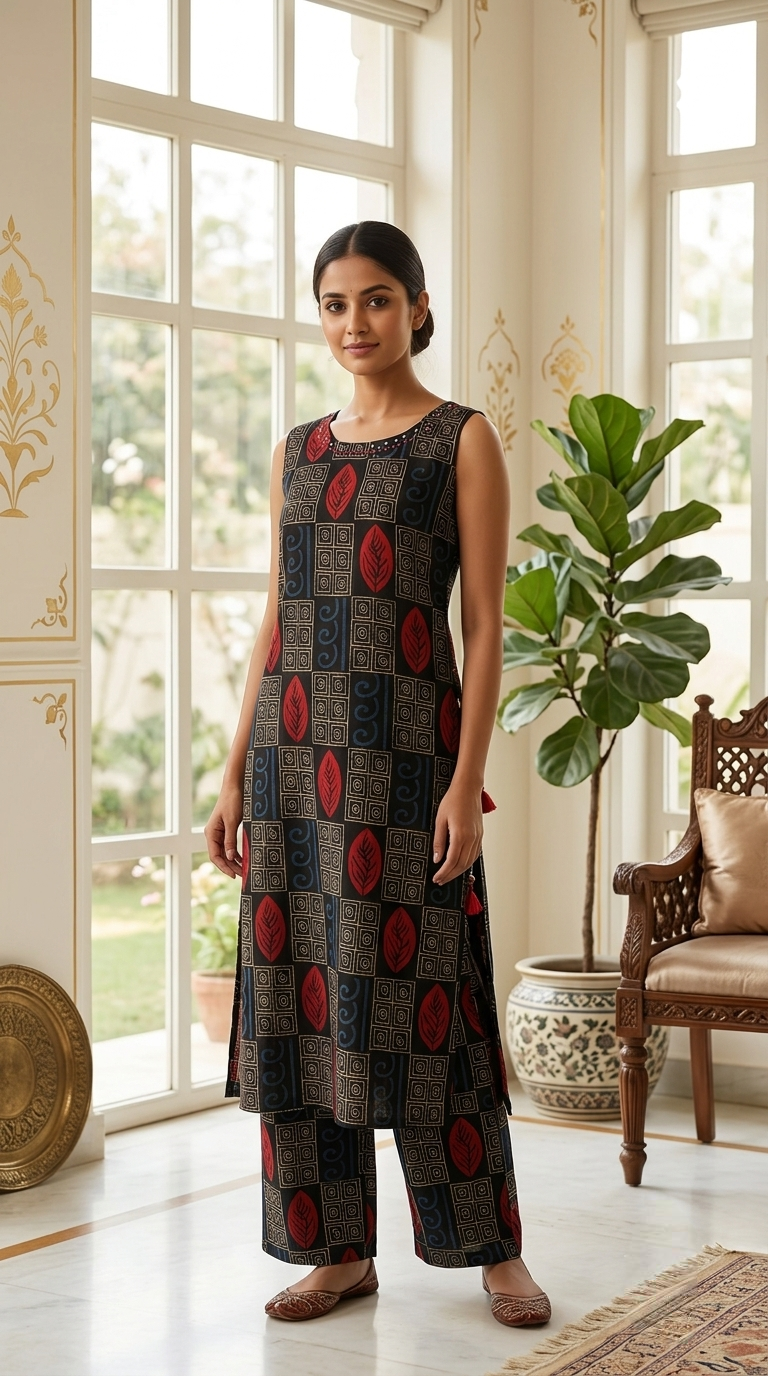 Women Black Crimson Leaf Geometric Ajrakh Block Print Sleeveless Cotton Kurta Palazzo Coord Set