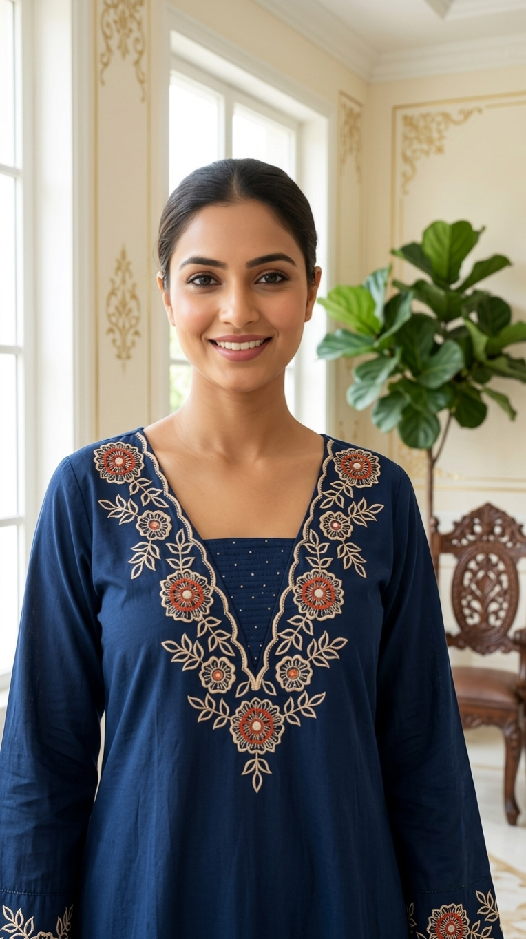 Women Navy Blue Thread And Beads Embroidered Cotton Kurta Pant Dupatta Set
