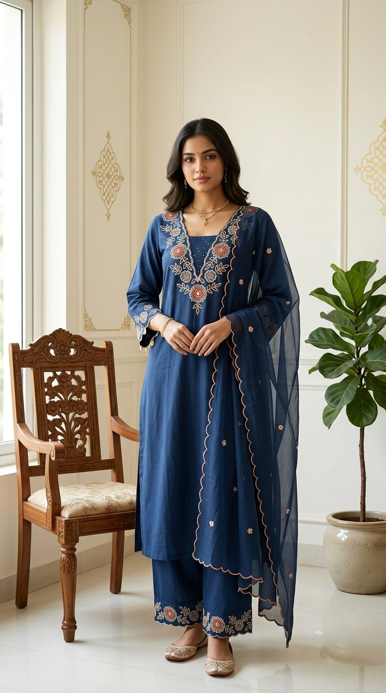 Women Navy Blue Thread And Beads Embroidered Cotton Kurta Pant Dupatta Set