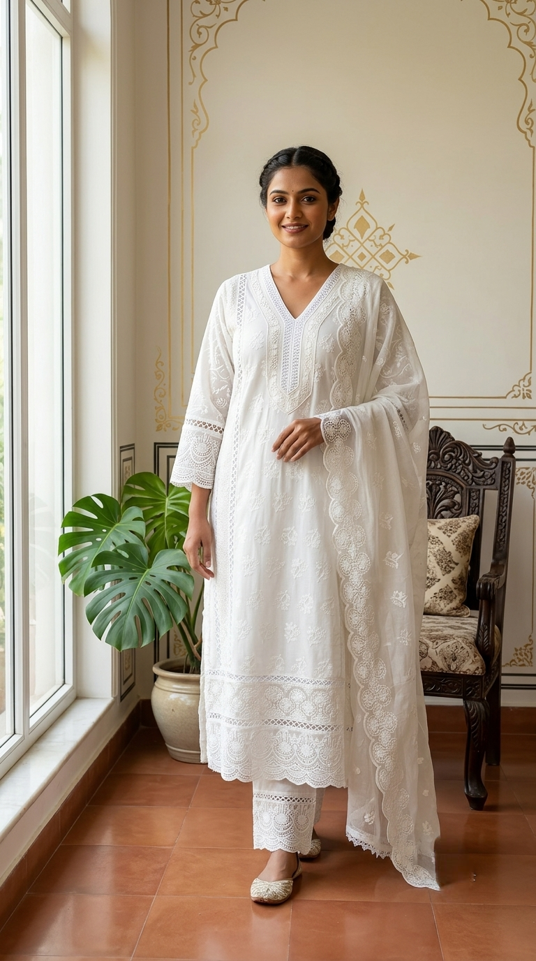Women White Chikankari Embroidered Mul Cotton Kurta Pant Dupatta Set