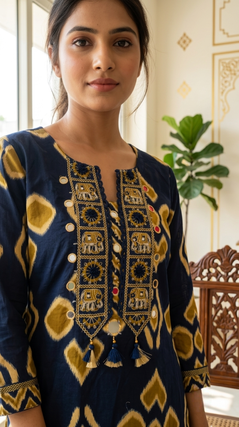 Women Navy Blue Mirror Work Embroidered Cotton Kurta Pant Dupatta Set