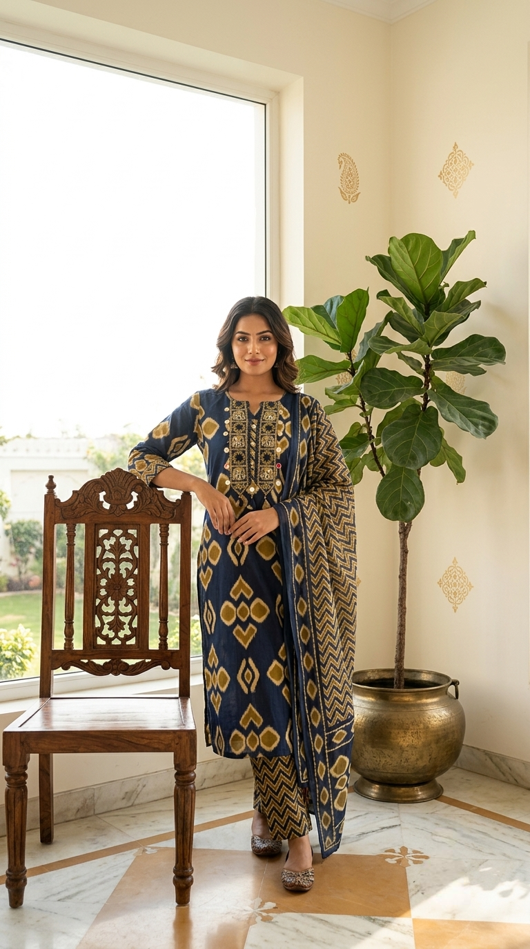 Women Navy Blue Mirror Work Embroidered Cotton Kurta Pant Dupatta Set