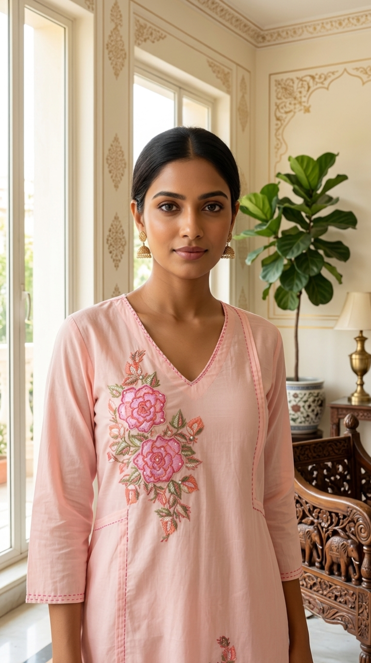 Women Pink Floral Embroidered Cotton Kurta Pant Dupatta Set