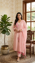 Women Pink Floral Embroidered Cotton Kurta Pant Dupatta Set