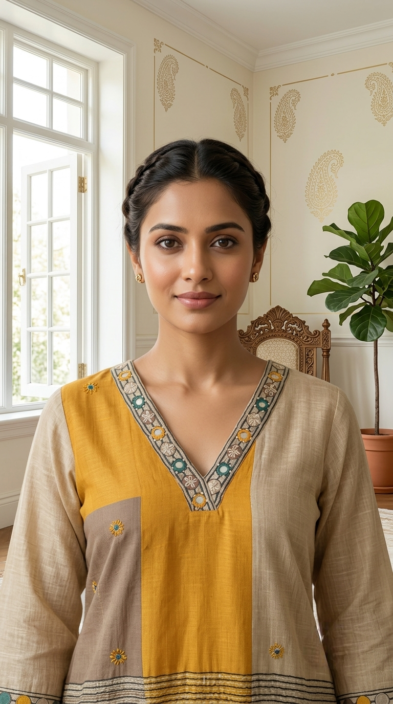 Women Mustard Beige Colour Block Chanderi Silk Thread Work Kurta Pant Dupatta Set