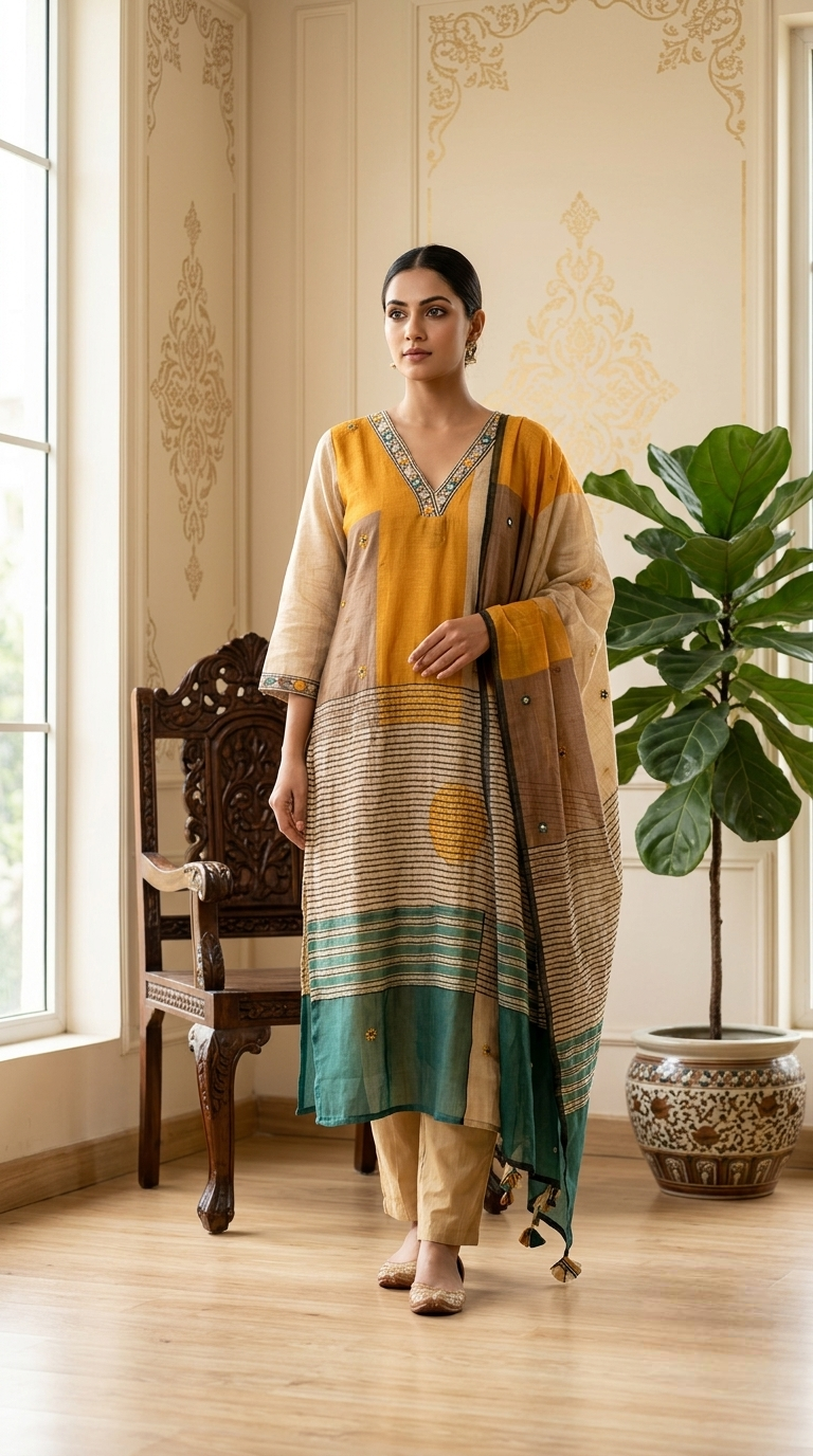 Women Mustard Beige Colour Block Chanderi Silk Thread Work Kurta Pant Dupatta Set