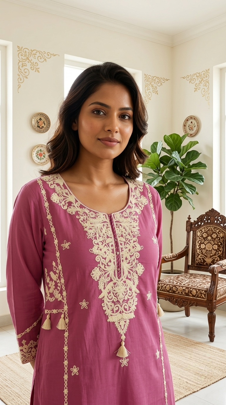 Women Pink Embroidery Cotton Kurta Pant Dupatta Set