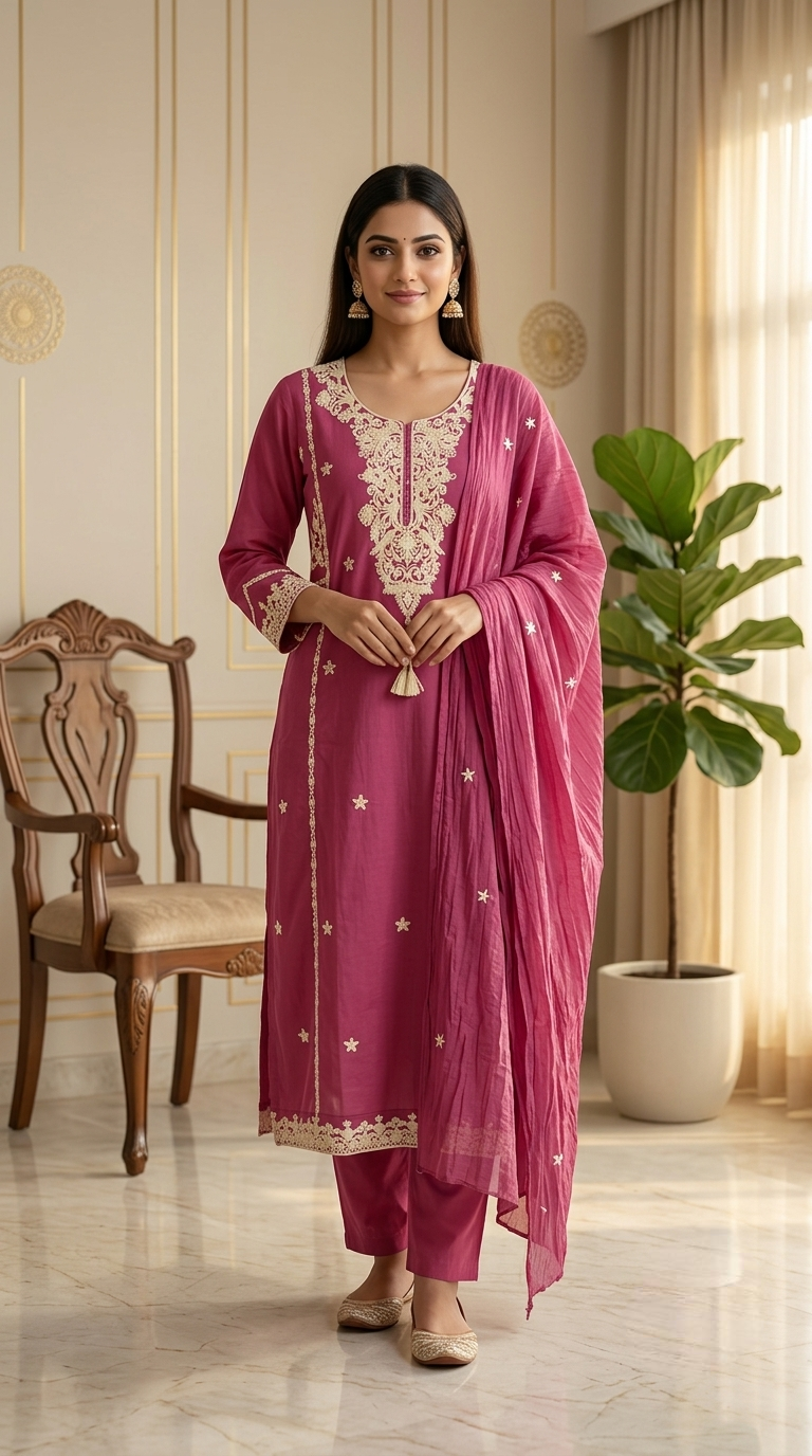 Women Pink Embroidery Cotton Kurta Pant Dupatta Set