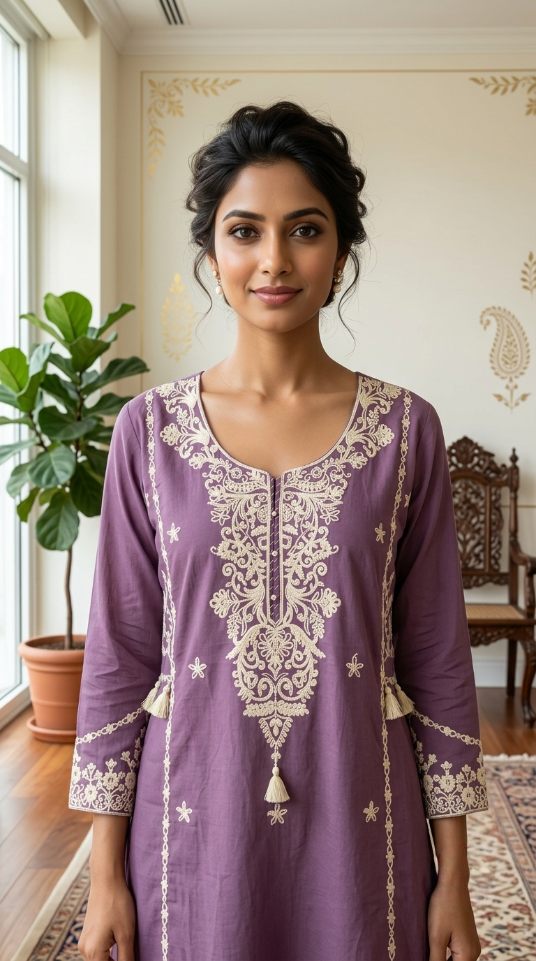 Women Purple Embroidered Cotton Kurta Pant Dupatta Set
