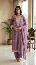 Women Purple Embroidered Cotton Kurta Pant Dupatta Set