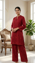 Women Maroon Printed Cotton Coord Set