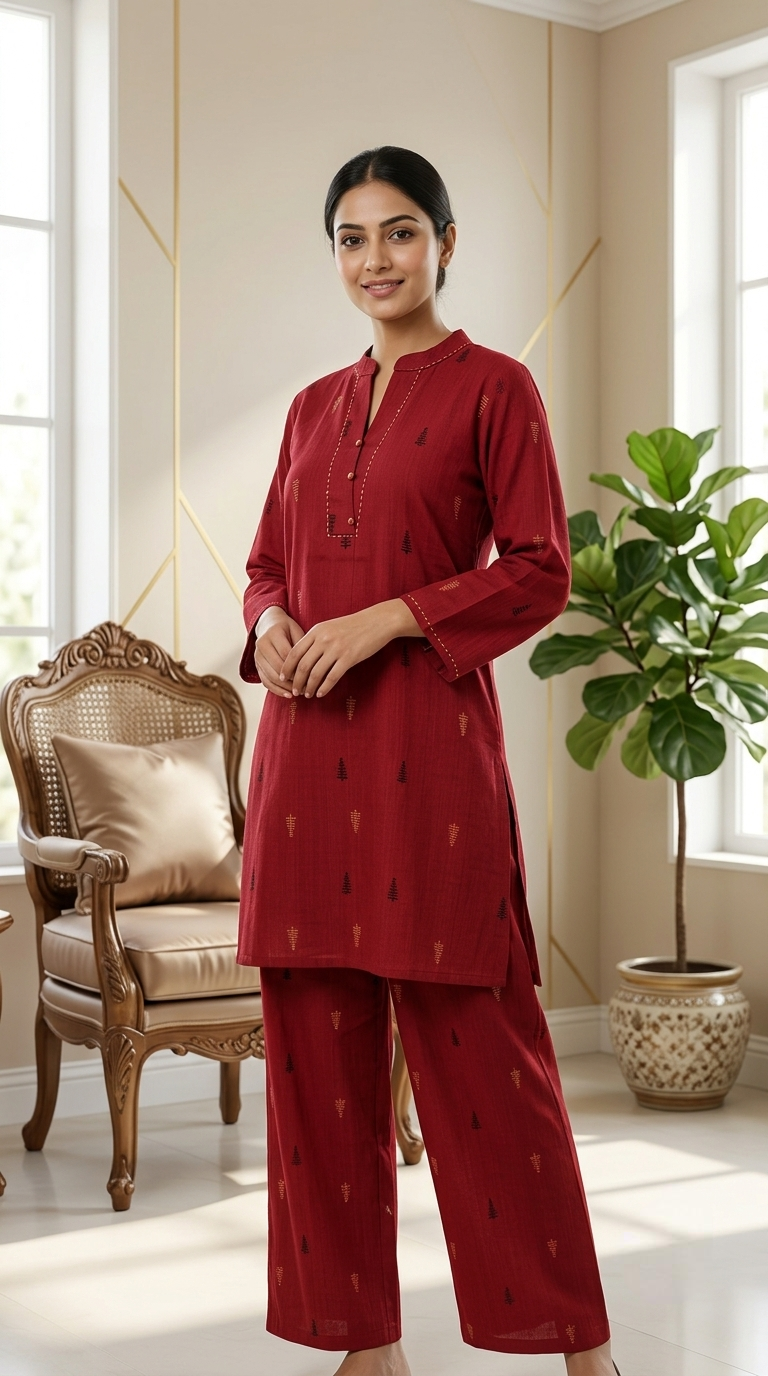 Women Maroon Printed Cotton Coord Set