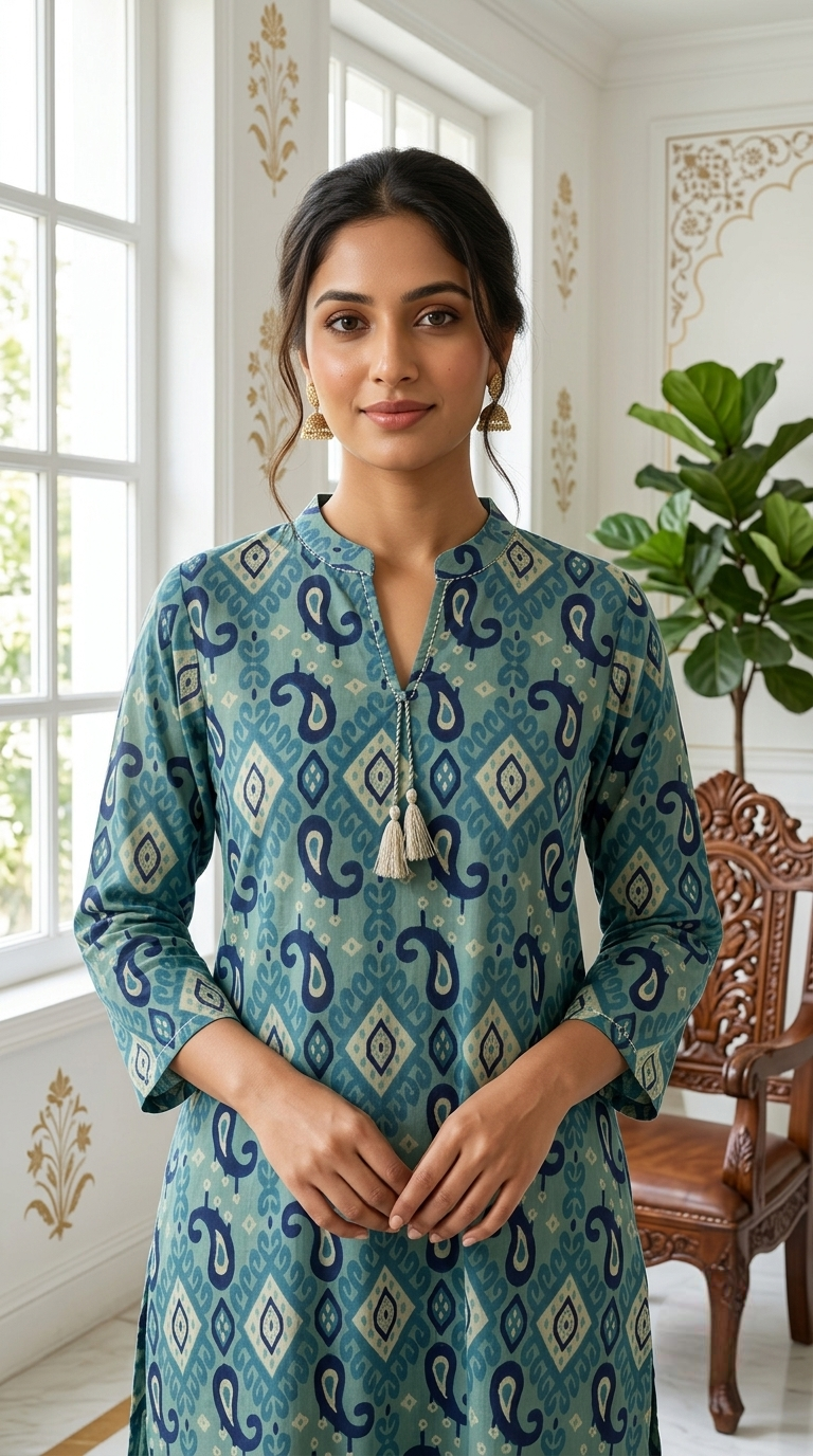 Women Teal Blue Ikat Paisley Print Cotton Coord Set