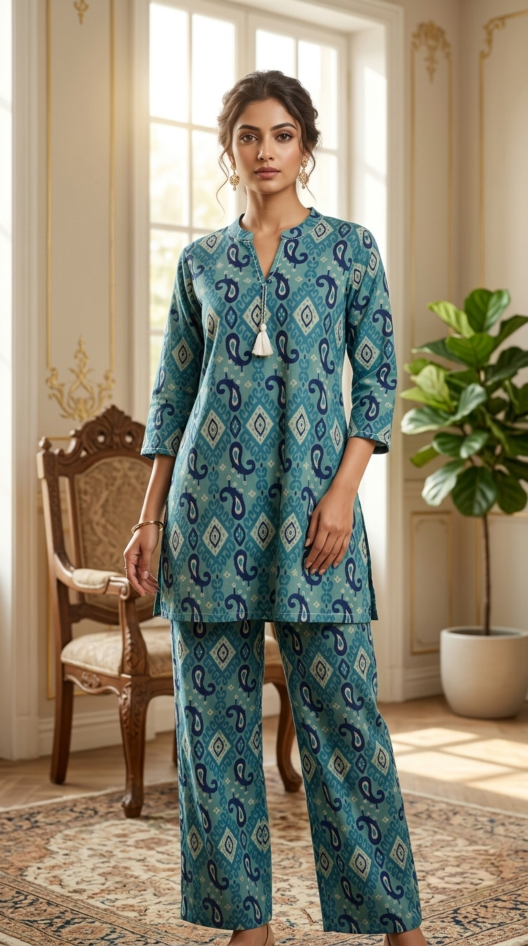 Women Teal Blue Ikat Paisley Print Cotton Coord Set