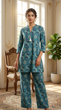 Women Teal Blue Ikat Paisley Print Cotton Coord Set