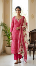 Women Pink Bandhani Print Cotton Kurta Pant Dupatta Set
