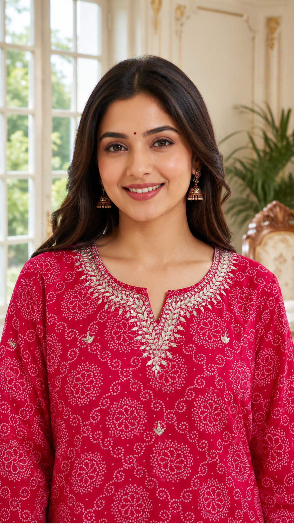 Women Pink Bandhani Print Cotton Kurta Pant Dupatta Set