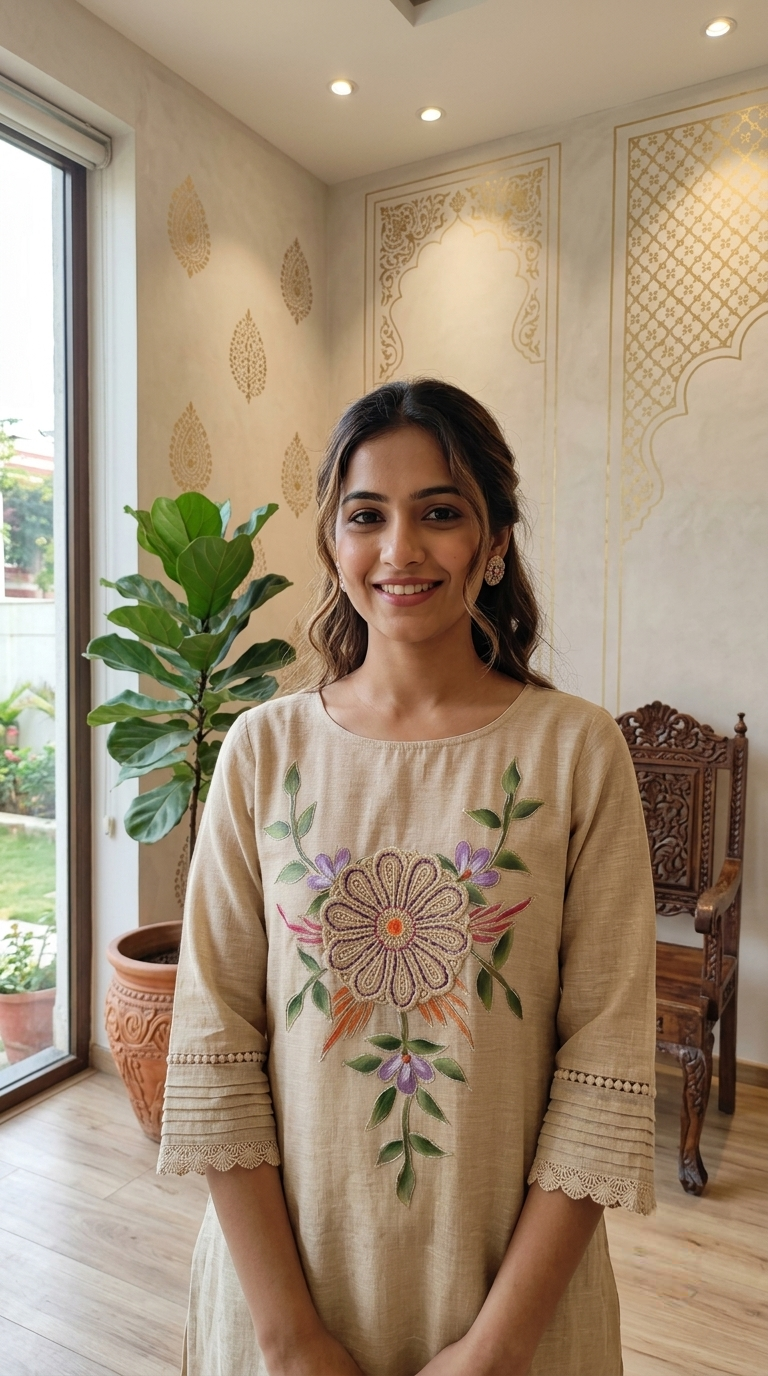 Women Beige Floral Embroidered Cotton Linen Kurta Pant Dupatta Set