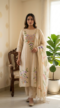 Women Beige Floral Embroidered Cotton Linen Kurta Pant Dupatta Set