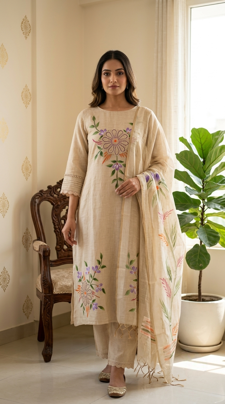 Women Beige Floral Embroidered Cotton Linen Kurta Pant Dupatta Set