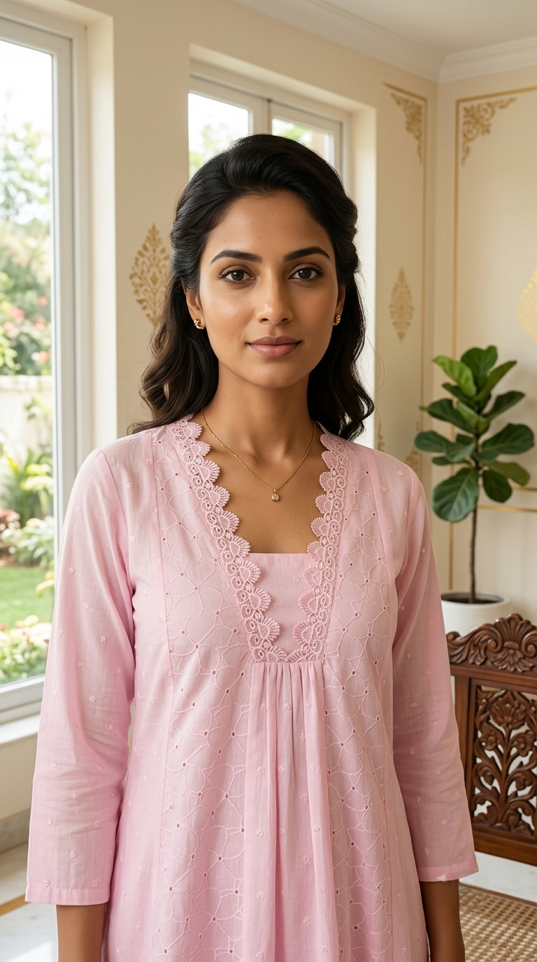 Women Baby Pink Schiffli Lace Embroidered Mul Cotton Kurta Pant Dupatta Set