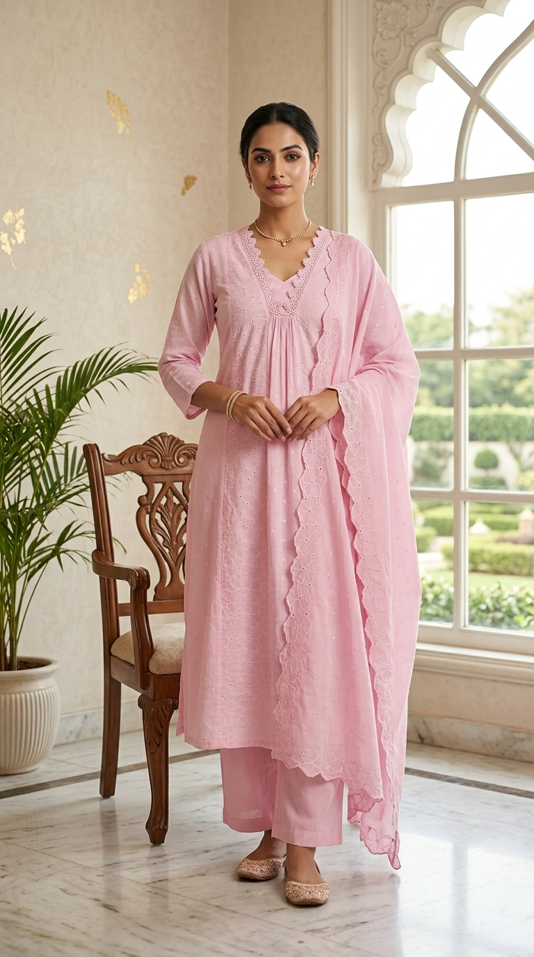 Women Baby Pink Schiffli Lace Embroidered Mul Cotton Kurta Pant Dupatta Set