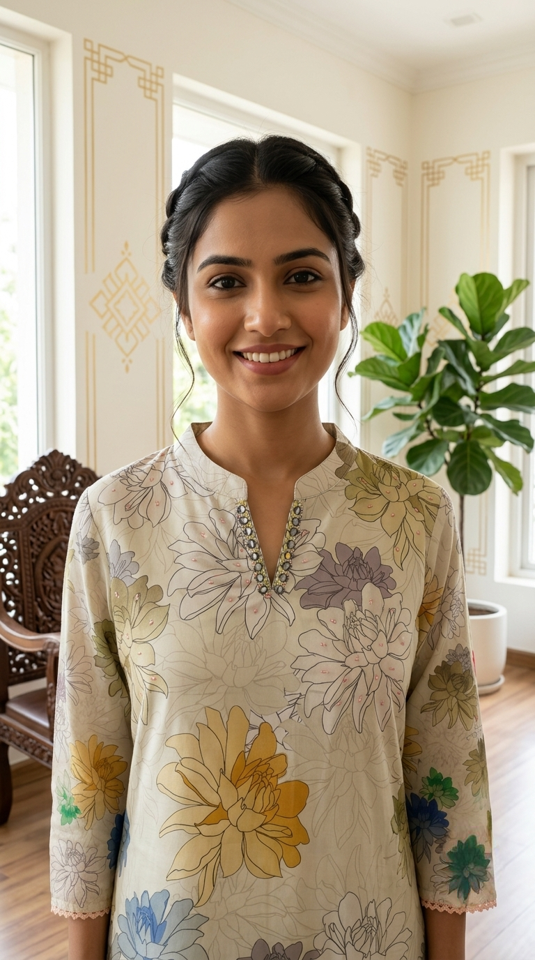 Women Cream Multicolour Floral Printed Thread Work Cotton Kurta Pant Dupatta Set