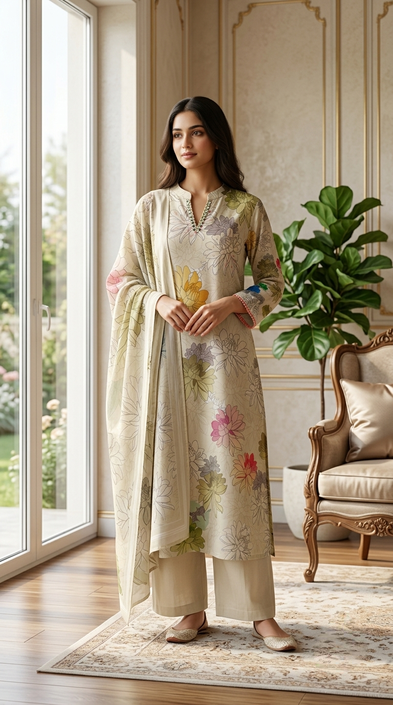 Women Cream Multicolour Floral Printed Thread Work Cotton Kurta Pant Dupatta Set