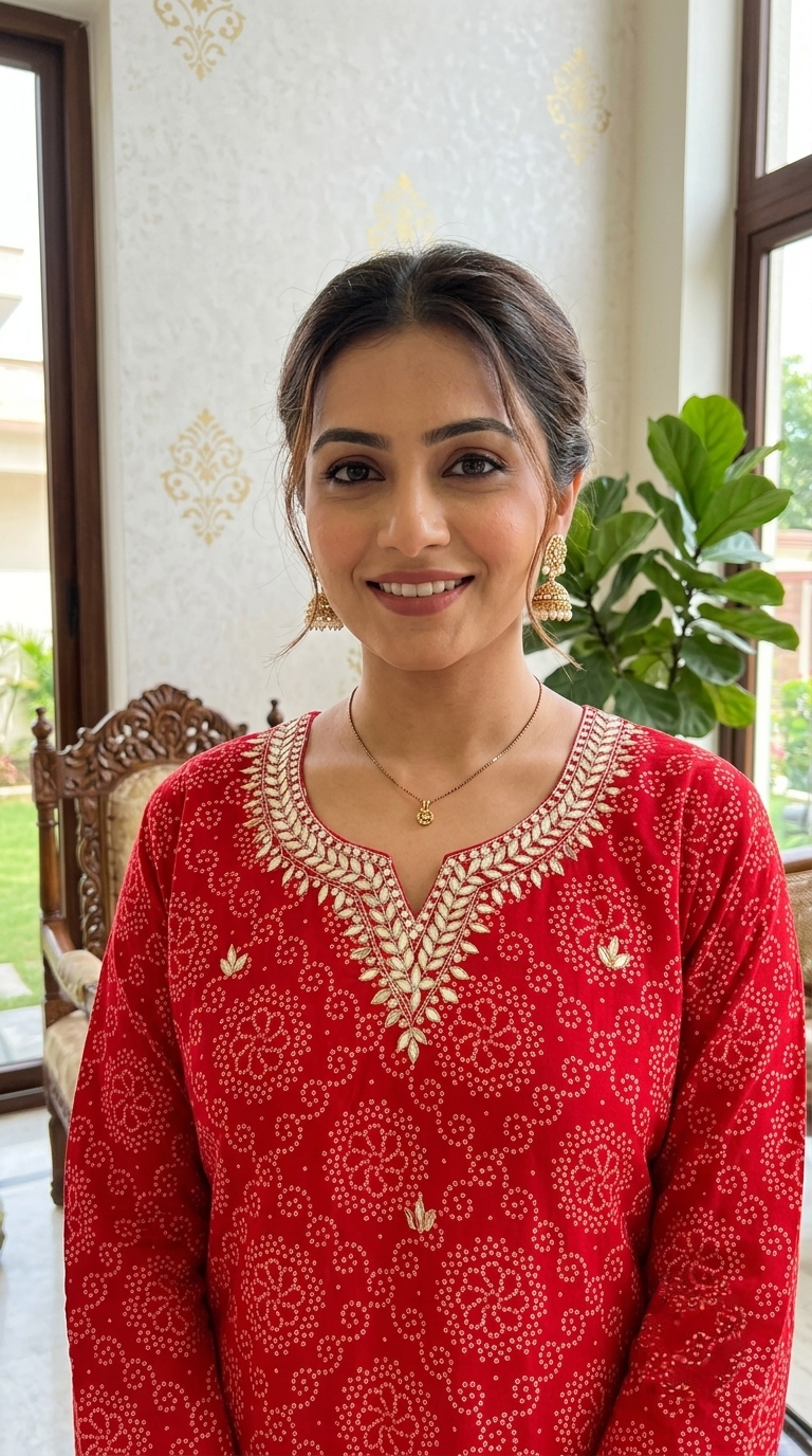 Women Red Bandhani Print Cotton Kurta Pant Dupatta Set
