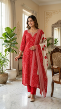 Women Red Bandhani Print Cotton Kurta Pant Dupatta Set