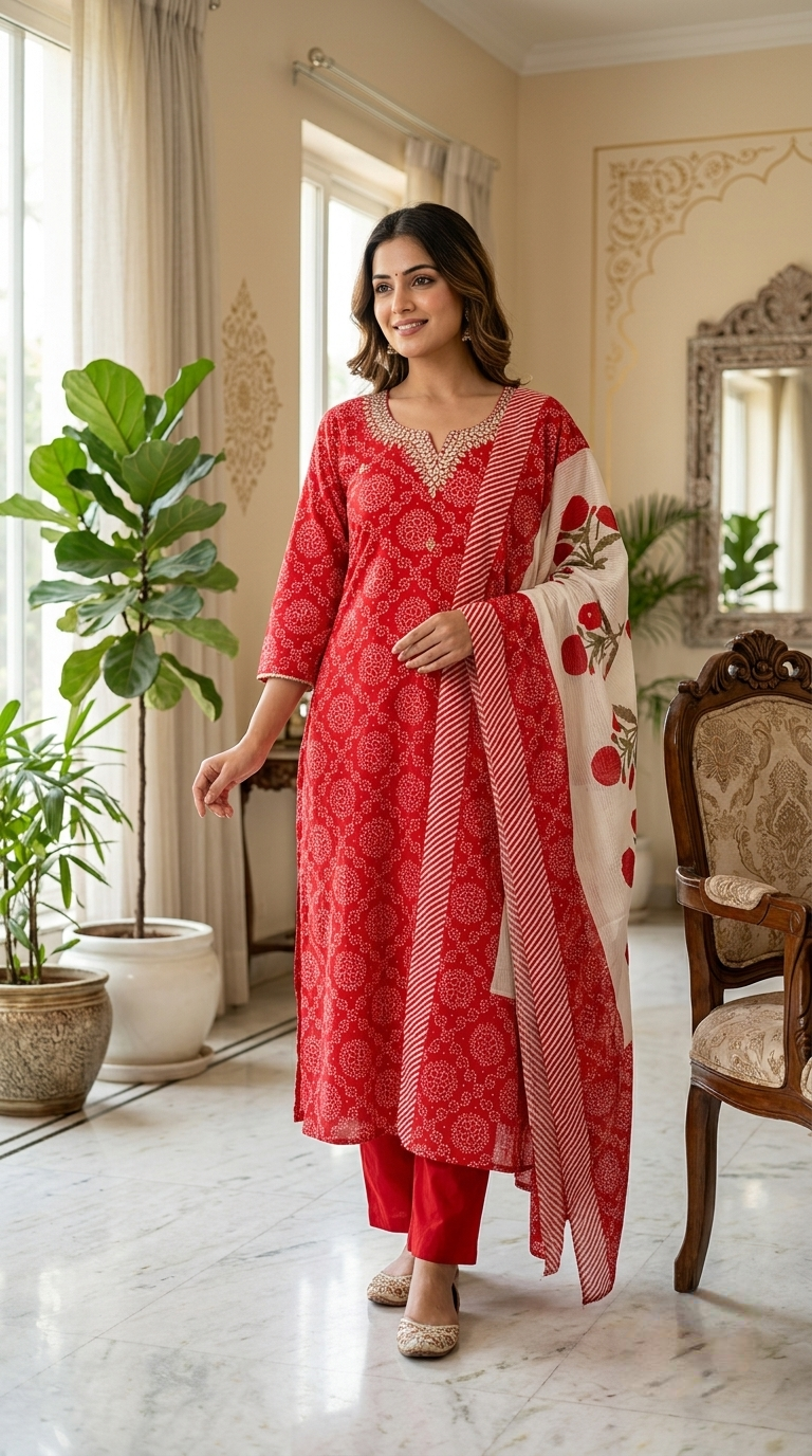 Women Red Bandhani Print Cotton Kurta Pant Dupatta Set