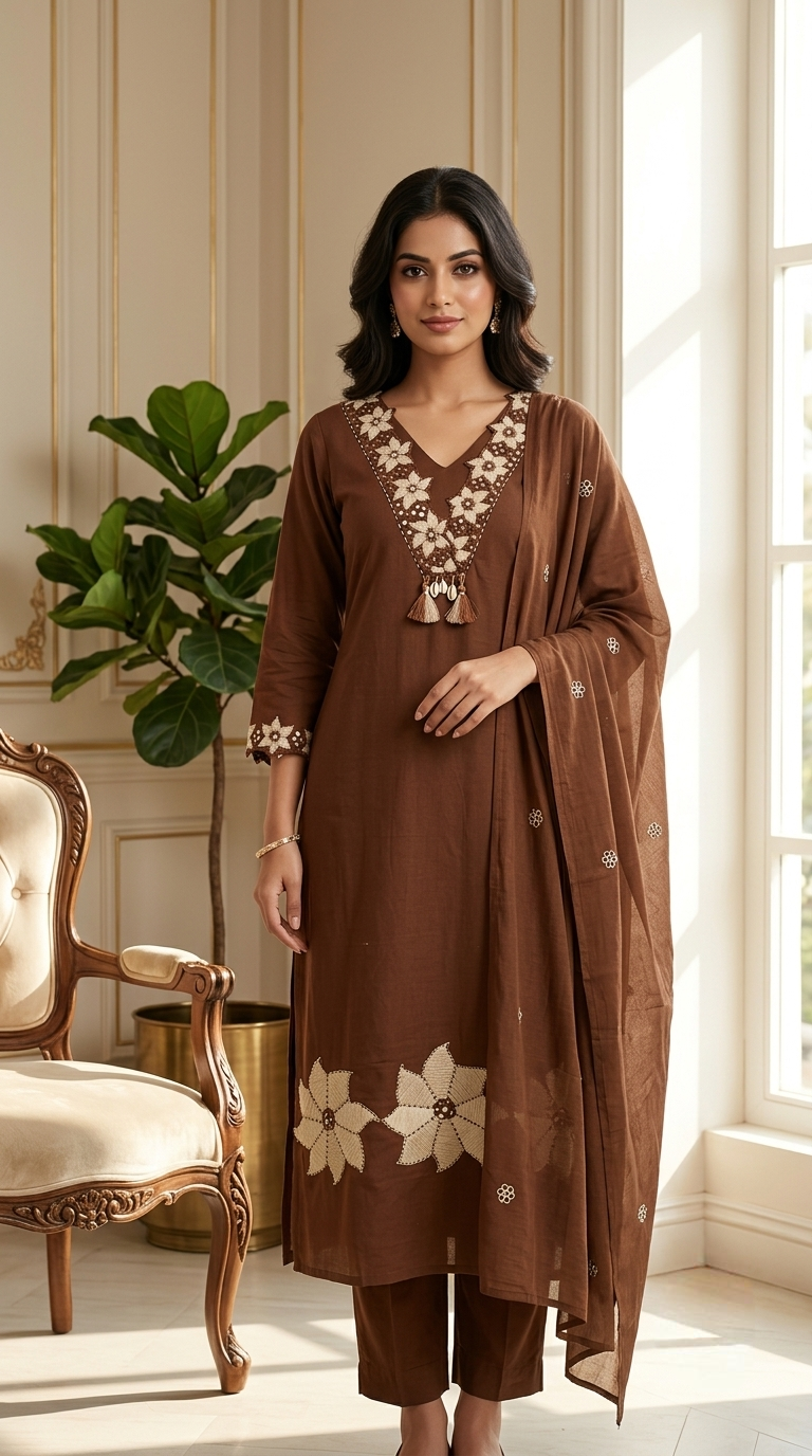 Women Brown Ivory Floral Mirror Work Cotton Kurta Pant Dupatta Set