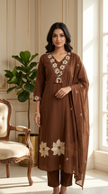 Women Brown Ivory Floral Mirror Work Cotton Kurta Pant Dupatta Set